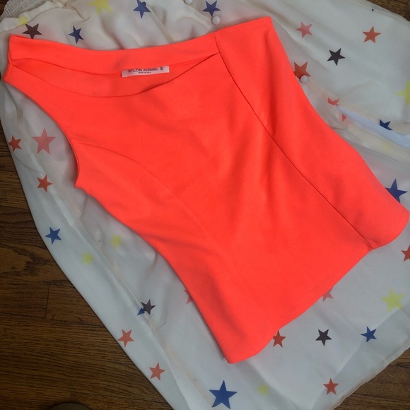 NYLON APPAREL neon orange one shoulder cut out top - Picture 2 of 4